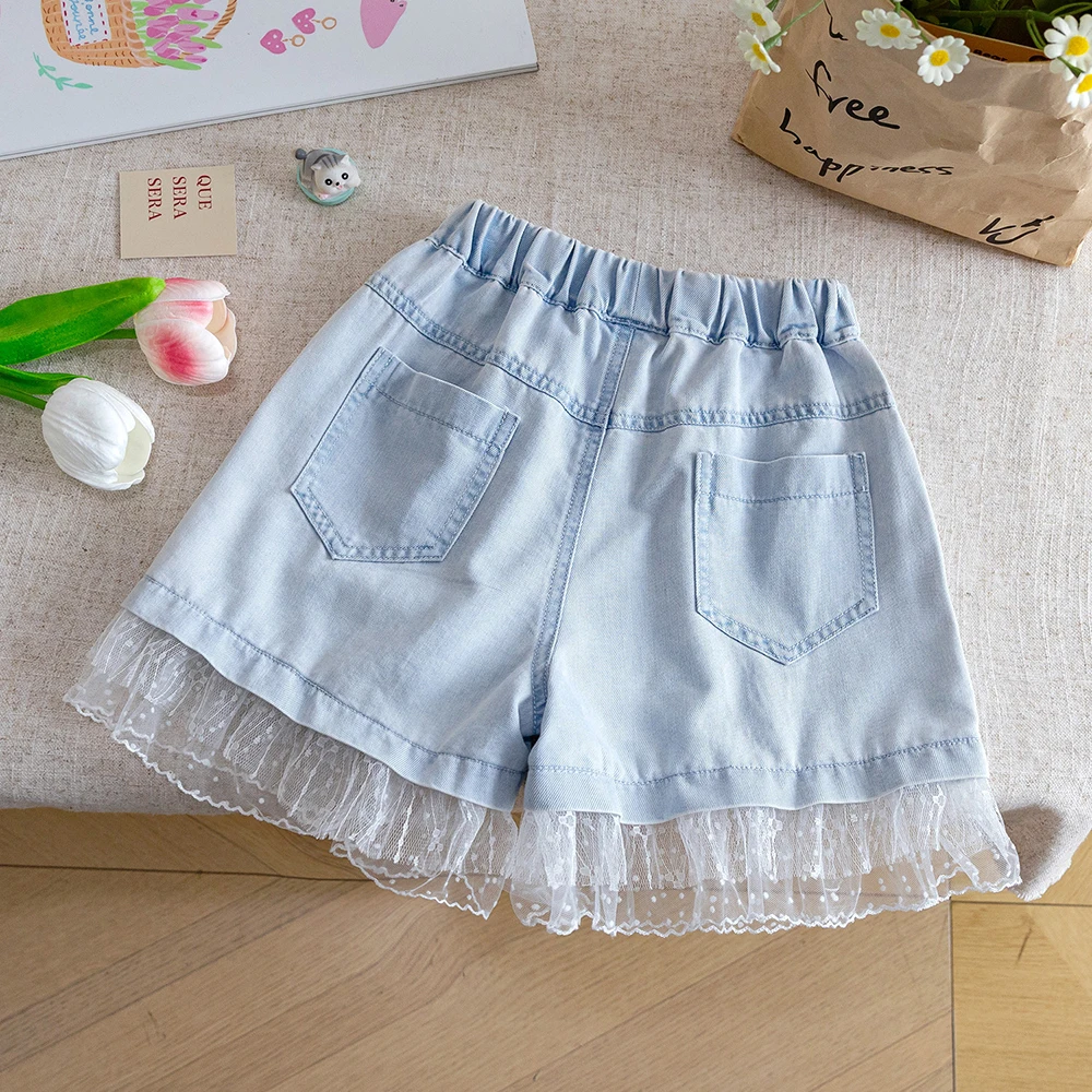 Girls Rabbit Embroidery Denim Shorts 2026 Summer Elastic Waist Lace Trim Casual Shorts for Kids Daily Wear Children Hot Pants