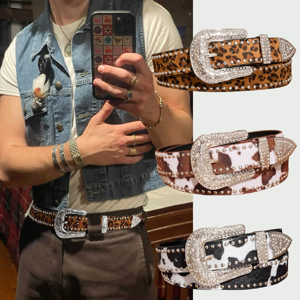 

1 шт., мужской ремень в стиле панк Y2k с резной металлической пряжкой и коровьим узором, леопардовый ремень с заклепками и бисером, джинсы, универсальный декоративный ремень