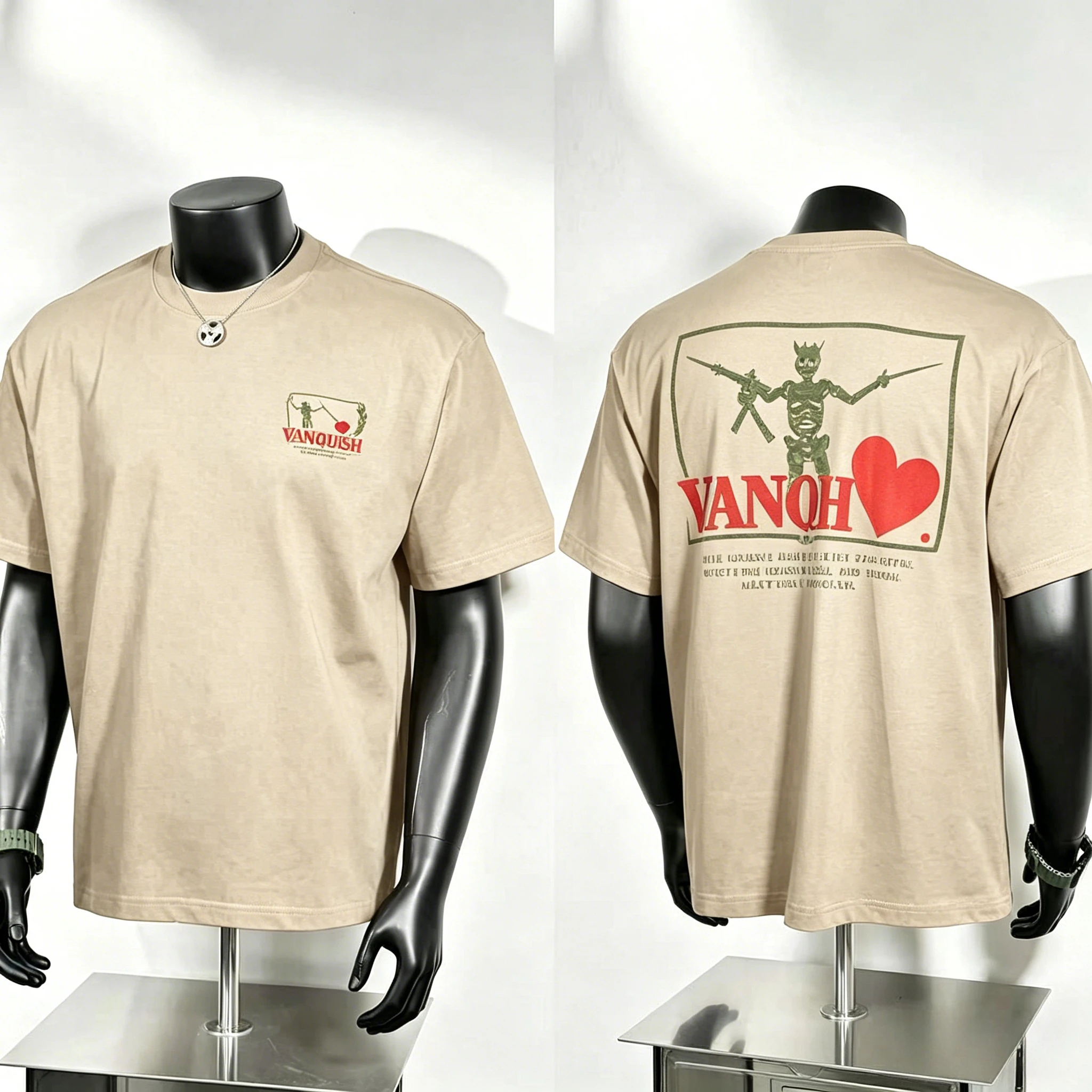 Skeleton Print T Shirt, Tiny Laurel Heart Badge on Chest and Oversized Crowned Skeleton Warrior Back Graphic