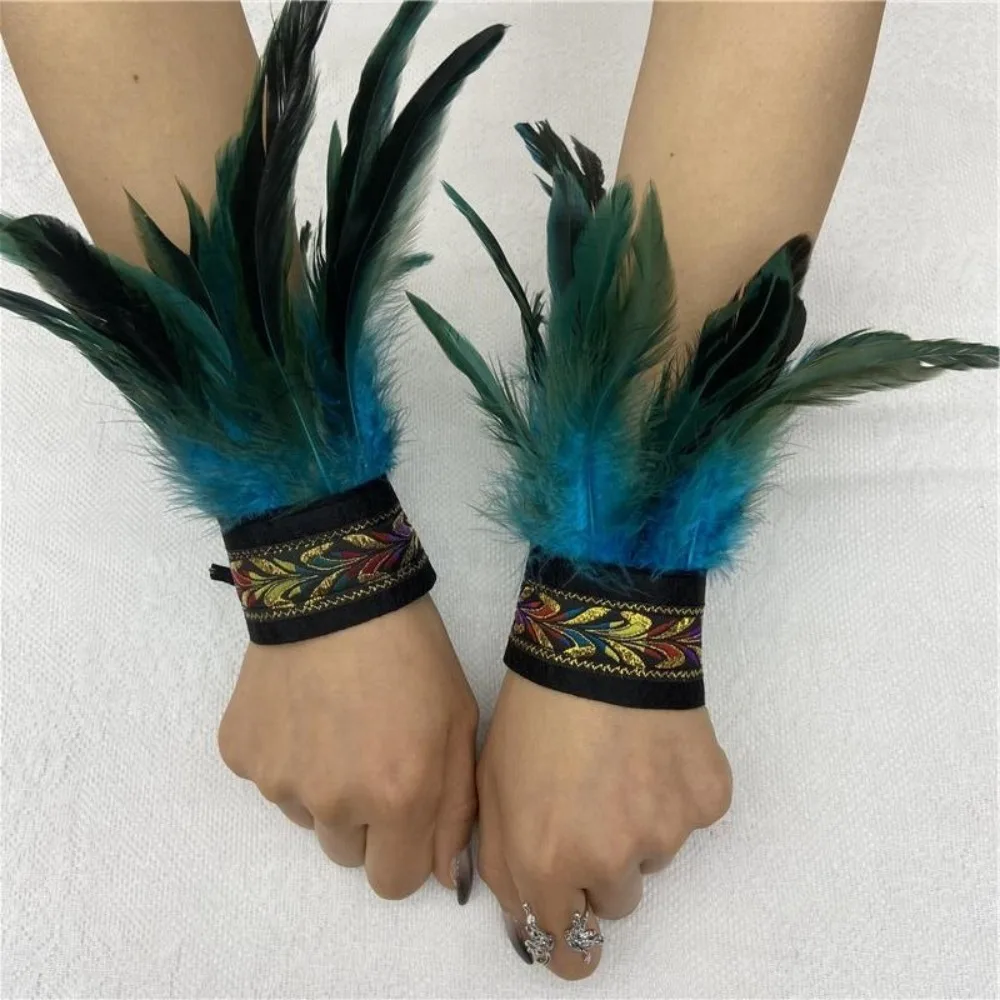1 Piar Gothic Halloween Carnival Feather Wrist Cuff Adjustable Straps Embroidered Band Fluffy Feather Gloves Cuff Unisex