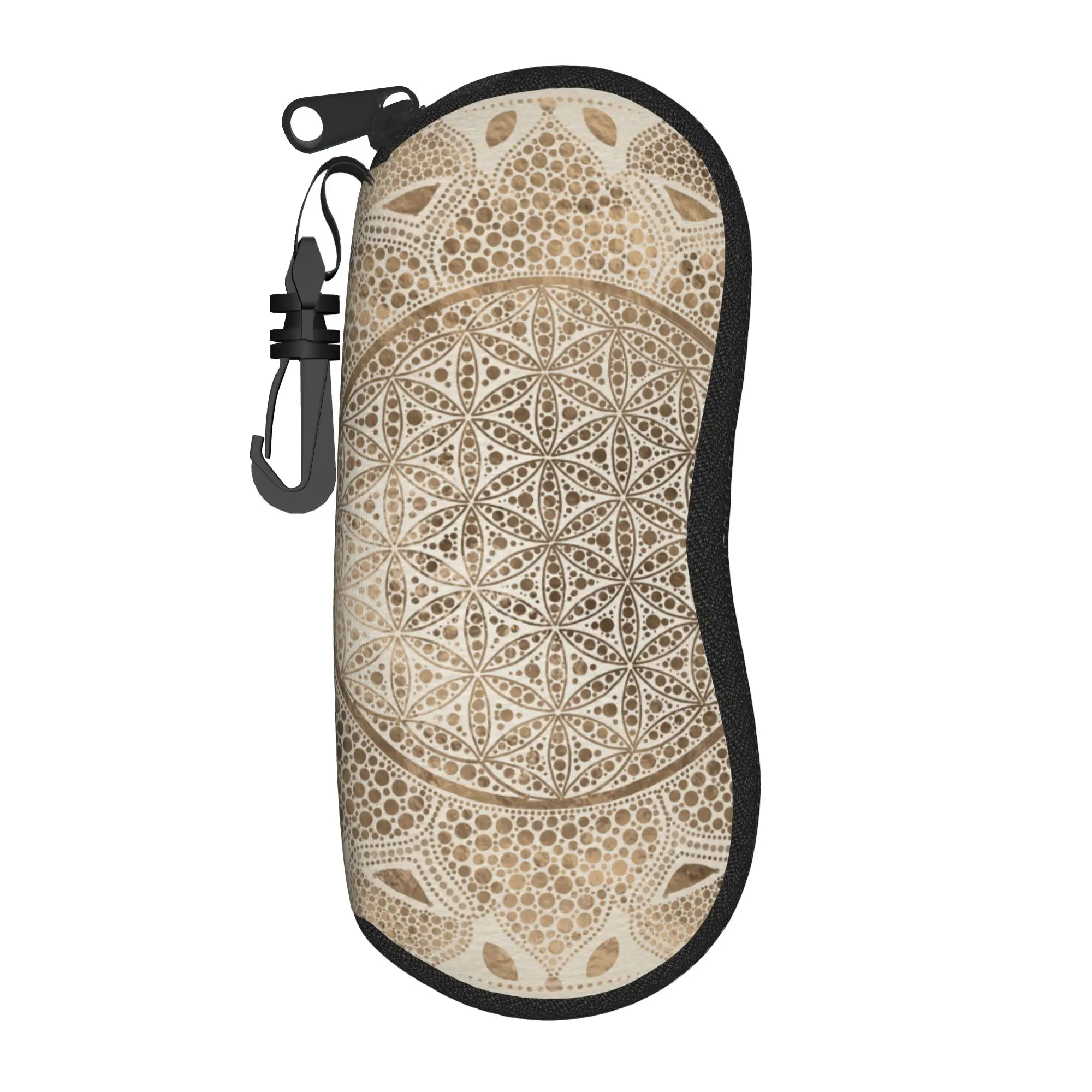 Estuche para gafas con diseño de flor de la vida en Lotus Dot Art, colores pastel dorados, mandala, caja protectora para gafas, contenedor antipresión para gafas