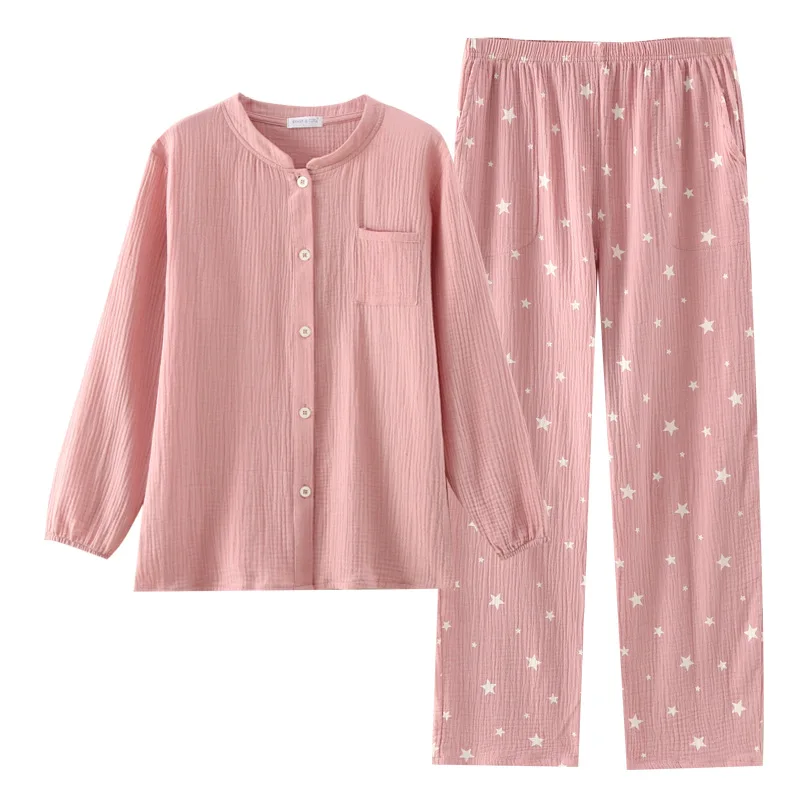 Pyjama en fil de pansement pour femme, cardigan à manches longues, vêtements pour la maison, petit col montant, vêtements de détente en coton, ensemble 2 pièces, 2024