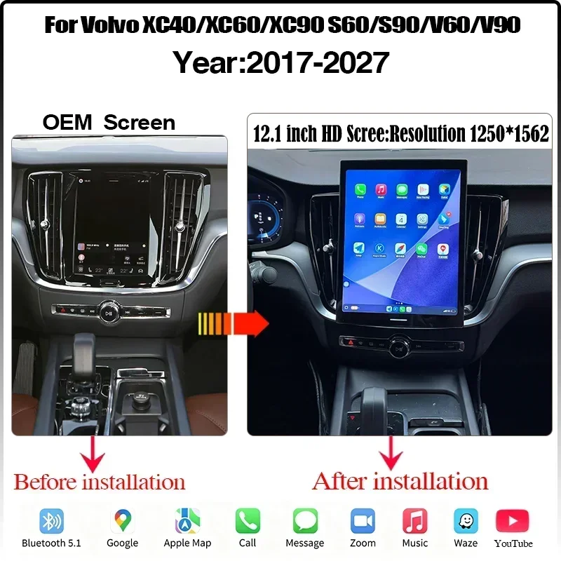 for 12.1 inch Android13 Radio Smart Screen Volvo XC40/XC60/XC90/S60/S90/V60/V90 with CarPlay GPS Smart Features Multimedia Playe