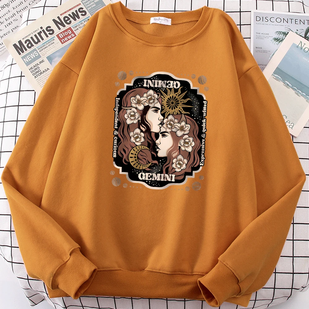 

Gemini Sun Moon Goddess Printed Sweatshirt Women Korean Loose Sportswear Simple Hip Hop Pullovers Street Fur-Liner Clothes