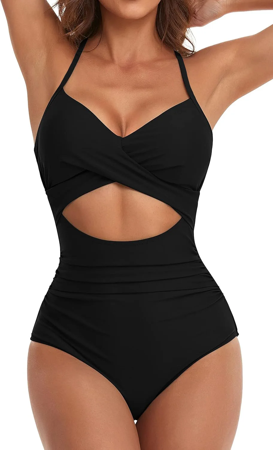 

Women Spaghetti Strap Cross Wrap Midriff Cutout One Piece Swimsuit Waist Ruched Tummy Control Bathing Suit