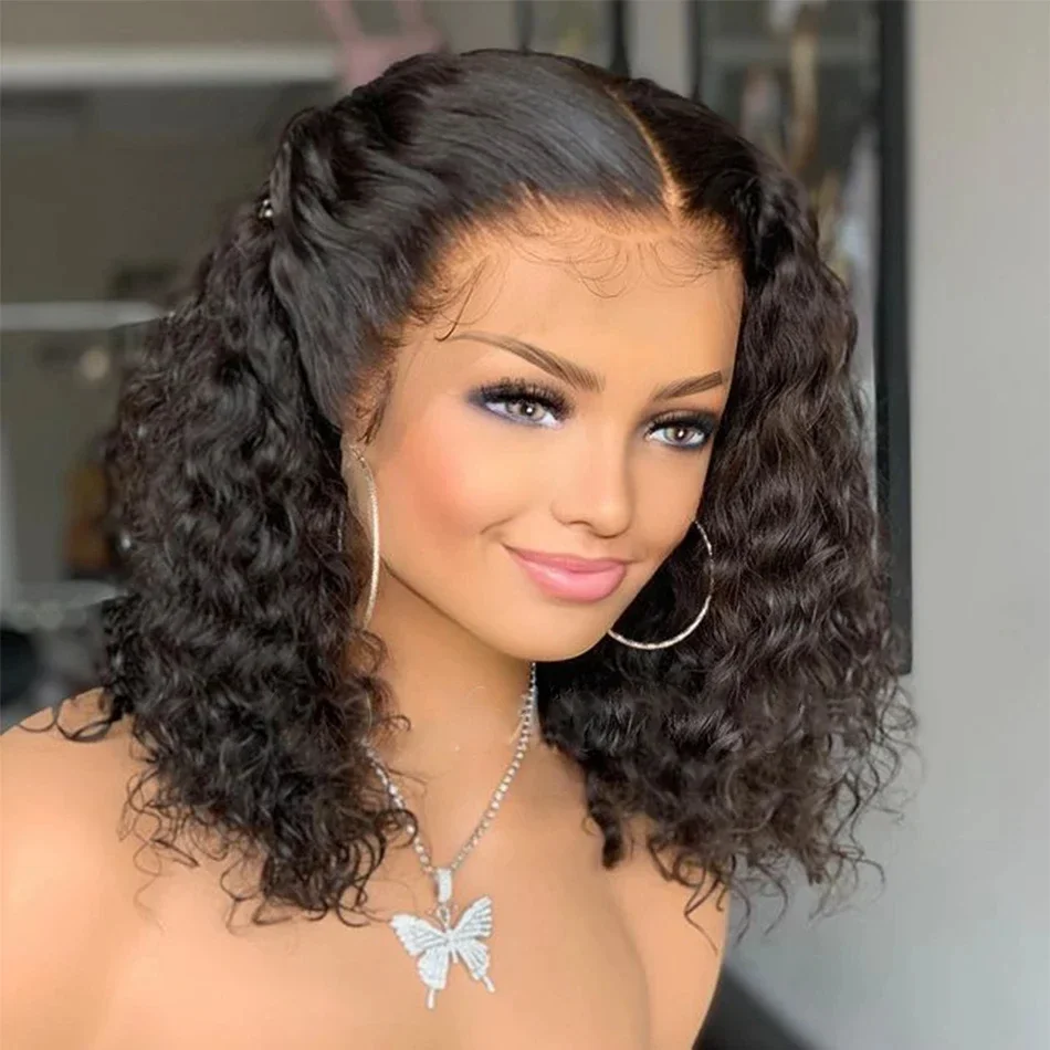 شعر مستعار قصير بدون صمغ أسود طبيعي 180 كثافة بوب غريب مجعد عميق باروكة أمامية من الدانتيل للنساء مع شعر أطفال يوميًا