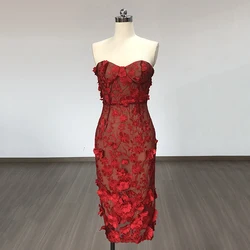 New Red Color Women Strapless Embroidery Flowers Bodycon Midi Bandage Dress Fashion Celebrate Birthday Evening Party Dress