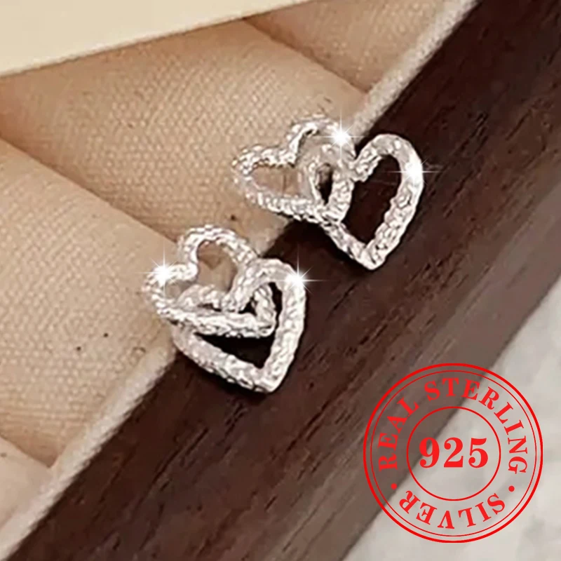 

Huitan Fashion Love Heart Stud Earrings for Girls 925 Sterling Silver Exquisite Simple Double Heart Ear Jewelry Wedding Jewelry