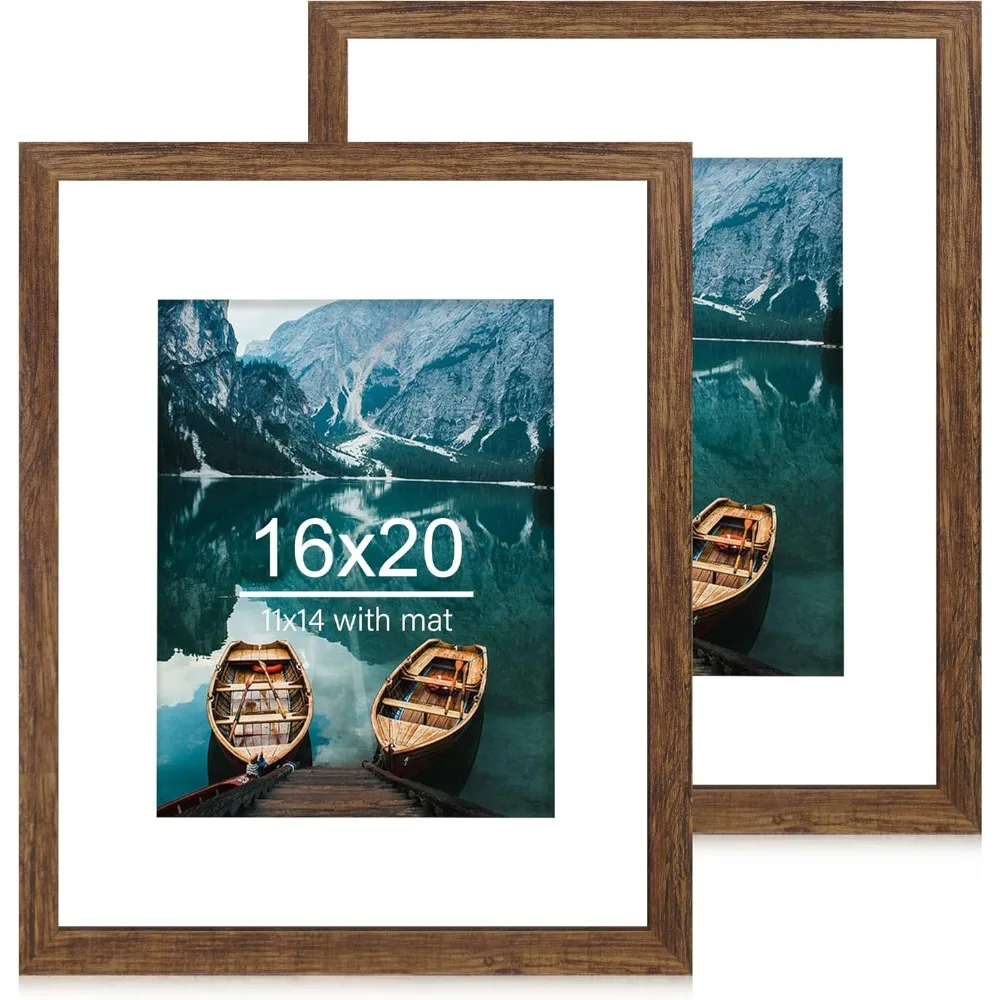 

16x20 Picture Frames Set of 2 Rustic Brown Wood Style for 11x14 with Mat or 16x20 Without Mat Horizontal and Vertical Wall