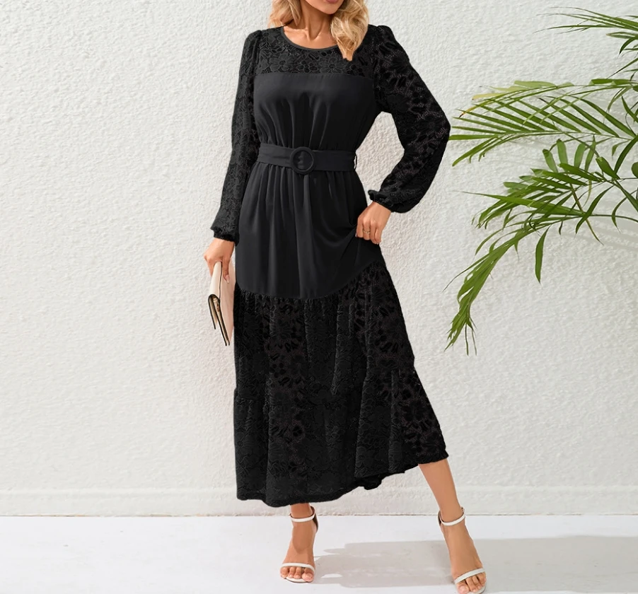 Sukienka damska Sexy Elegant Sheer Contrast Lace Patchwork Round Neck Long Sleeve High Waist Belt Slim Fit A-line Maxi Dress