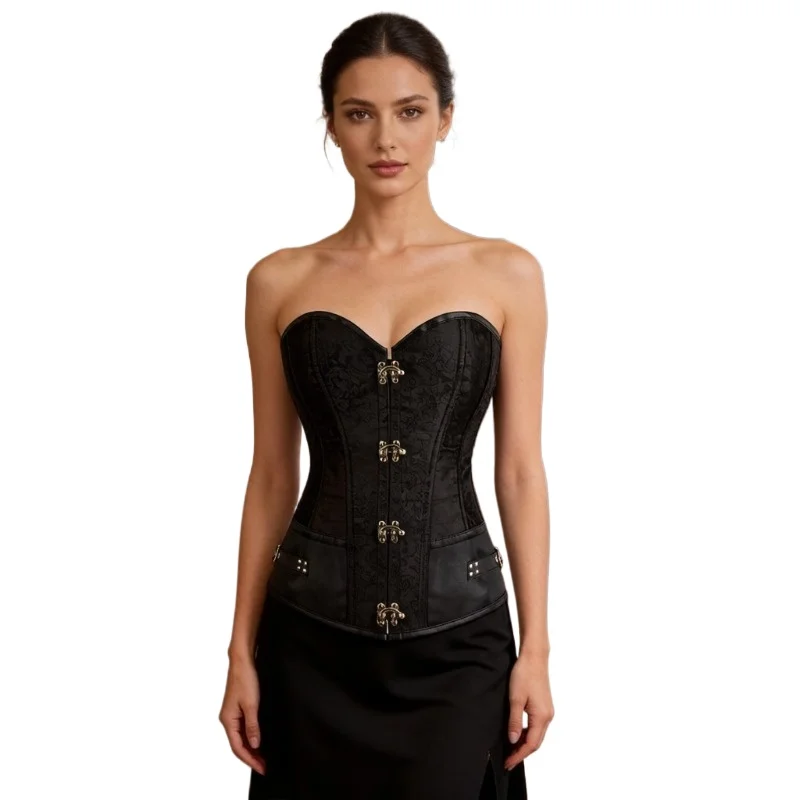 Retro Black Corset Women Gothic Steampunk Strapless Sweetheart Metal Clasp Waist Shaper