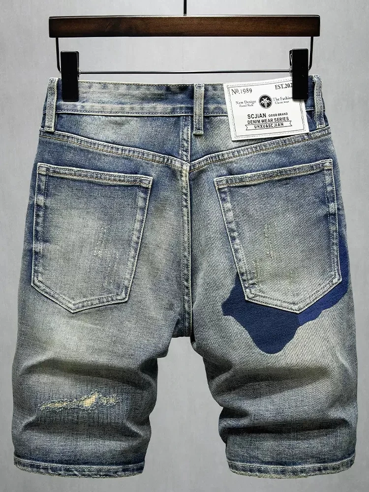 Newly Summer Designer Fashion Men Jeans Retro Blue Elastic Stretch Patched Vintage Ripped Short Jeans Hip Hop Denim Shorts Men