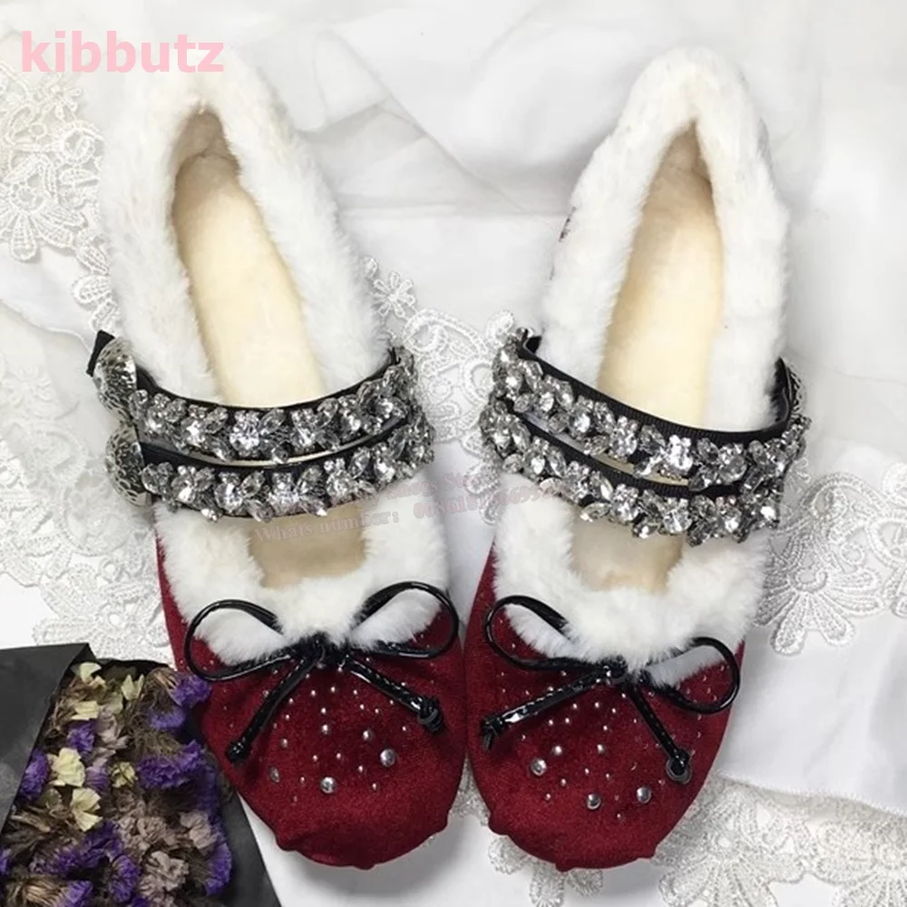 Ballet Wool Rhinestone Pumps Glossy Bows Soybean Round Toe Flat With Bottom Inner Increase Winter Warm Concise Fashion Shoes New