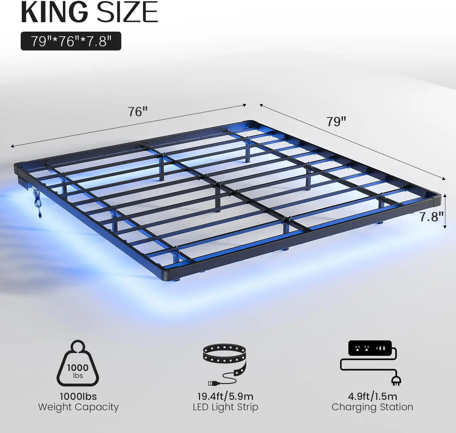 King Size Floating Bed Frame, Metal Platform, with LED Light and Charging Station, No Box Spring Needed,Noise-Free,Easy Assembly