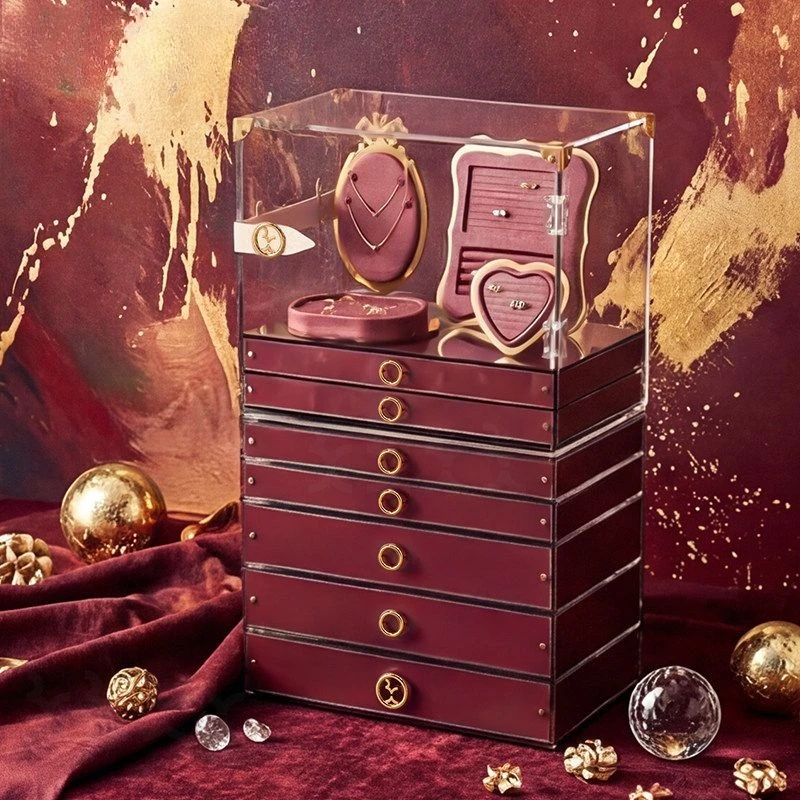 Red Jewelry Storage Box Desktop Shelf Household Dresser Drawer Storage Cabinet