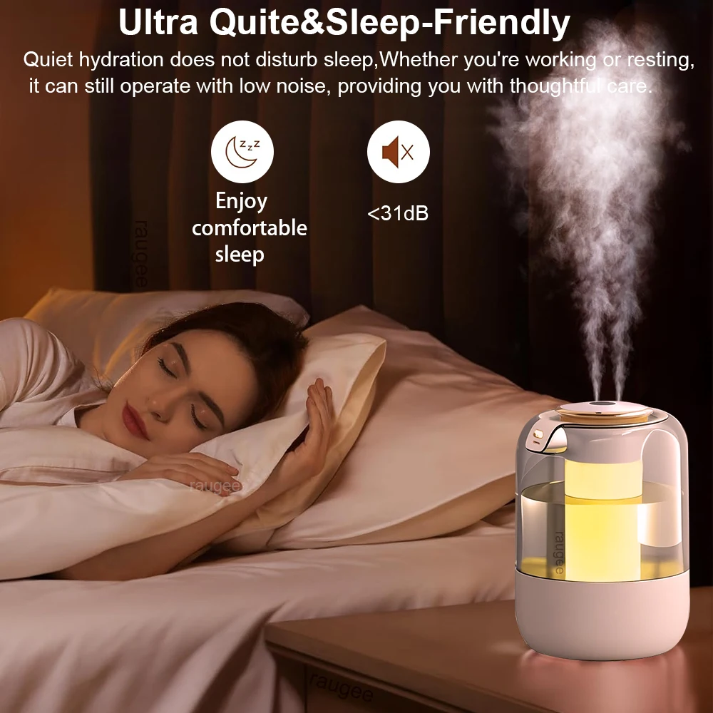 Luftbefeuchter, 2,2 l, großes Fassungsvermögen, Heimluftbefeuchter, stumm, Nebelhersteller, Doppeldüse, USB-Luftbefeuchter für Schlafzimmer mit LED-Nachtlicht – Detail 6
