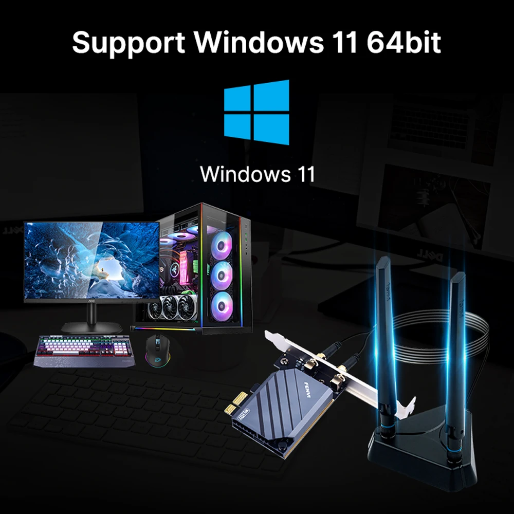 Fenvi WI-FI 7 Pcie Wireless Adapter BE8800Pro Extend Antenna QCNCM865 BT5.3 Tri Band 2.4G/5G/6GHz Wifi Card Desktop Win11 64Bit
