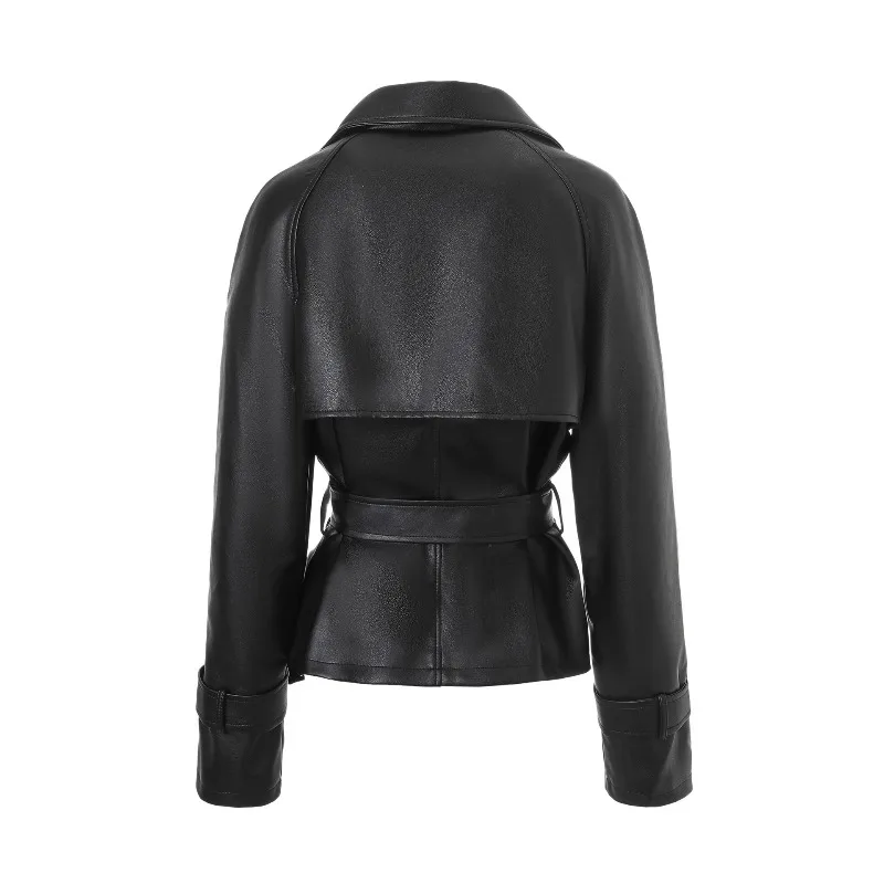 New PU Leather Biker Jacket Women Lapel Collar Double Breasted Adjustable Belt Oversize Solid Fall Winter Trendy