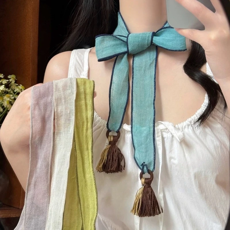 

Linen tassel-trimmed bohemian-style flowy scarf for women; forest-inspired bohemian-style flowy, breathable silk scarf