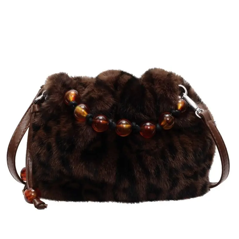 Brown White Black Khaki Leopard Print Gray Faux Fur Bucket Bag Beaded Handle Drawstring Crossbody Pouch Purse for Women Girls