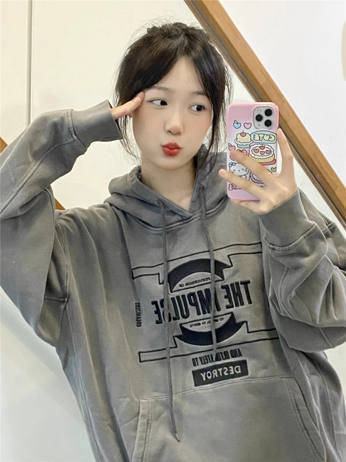 

2025 CAVEMPT CE washed vintage embroidered long sleeved hooded sweatshirt WY1376