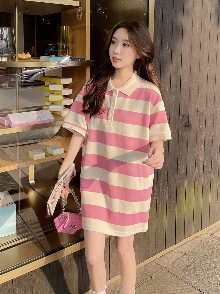 

Dress Women's Lapel Pink Striped Stitching Button Spring and Summer Cotton Loose Mid-Length NewKorean Casual T-shirt Short Skirt