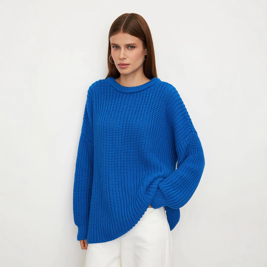 

Hollow Out Women Autumn Kintwear Round Neck Lantern Sleeves Patchwork Female Sweater Elgant Slouchy-Style Knit Sweater For Lady