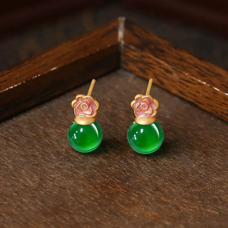 

Натуральные зеленые нефритовые серьги-гвоздики с бусинами, винтажные украшения, позолоченные 18-каратным золотом, амулеты, роскошные подарки для женщин