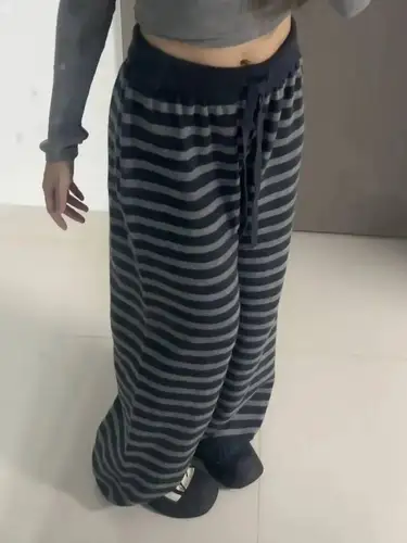 Pantalones de pierna ancha a rayas de colores contrastantes Harajuku, pantalón informal de punto holgado Grunge Vintage, Pantalones rectos estéticos Y2k para mujer