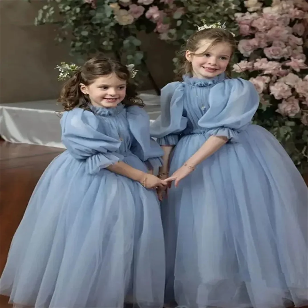 

Customized Girls Spaghetti Blue Tulle Girl Dresses Ball Gown Half Sleeve For Wedding Birthday Party Banquet Princess Gowns