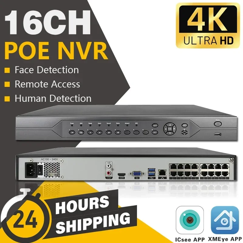 

16CH 4K 8MP POE NVR Video Recorder H.265 48V Audio Out PTZ IP Camera Human Ai Face Detection CCTV System RTSP P2P Network Xmeye