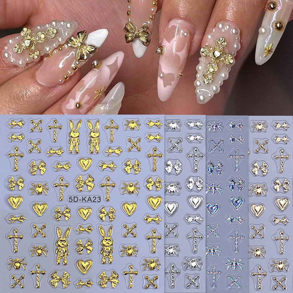 

1/4 шт. 5D наклейки для ногтей с золотым бантом в стиле панк, сердце/кролик/паук, дизайн ногтей, украшения Y2K, принадлежности для ногтей, маникюрные очаровательные наклейки