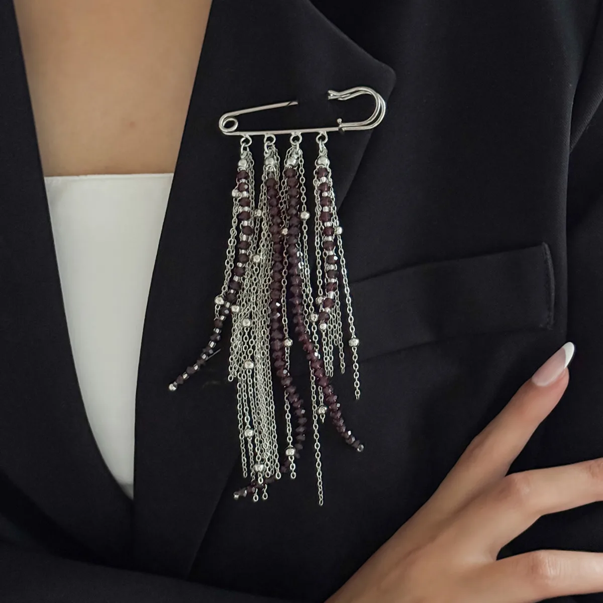SHIXIN 2026 Fashion Seed Beads Pendant Brooches Women Retro Silver Color Metal Long Tassel Brooch Shirt Suit Collar  Pins Clip