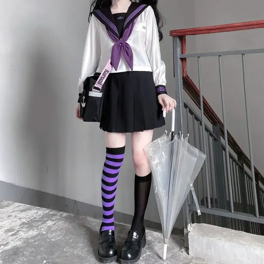 Uniforme da ragazza delle scuole superiori Abito da marinaio giapponese Seifuku Cravatta viola Studente coreano Kawaii JK Uniforme Cosplay Gonna in pelle nera