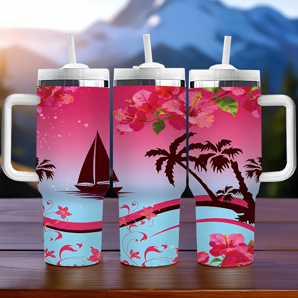 40Oz Insulated Tumbler with Handle, Tropical Floral Sailboat Palm Tree Print, Long-Lasting Heat Preservation, Perfect As Birthday And Holiday Gifts for Everyone, Suitable for Daily Use And Outdoor Travel