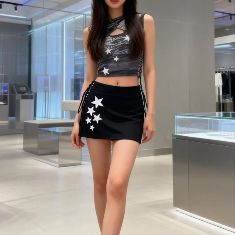 

Y2K Summer Sexy Spicy Girl American Street Personality Gothic Silver Pentagram Print Lace Up Short A-line Skirt Women Clothing