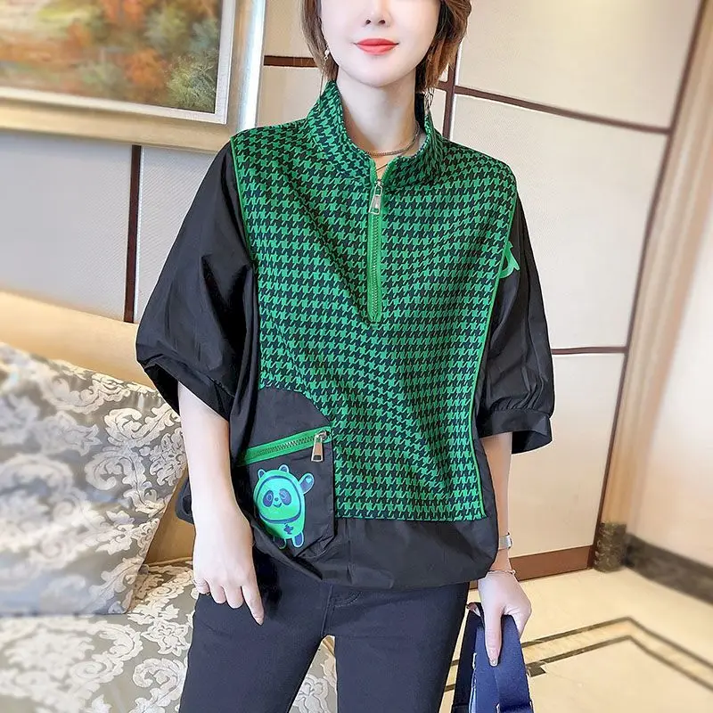 

Checker Print T Shirt Women's Summer Trend Oversized T-shirt Fashion Stand Collar Short Sleeve Tops Korean Style Half Zip Tshirt