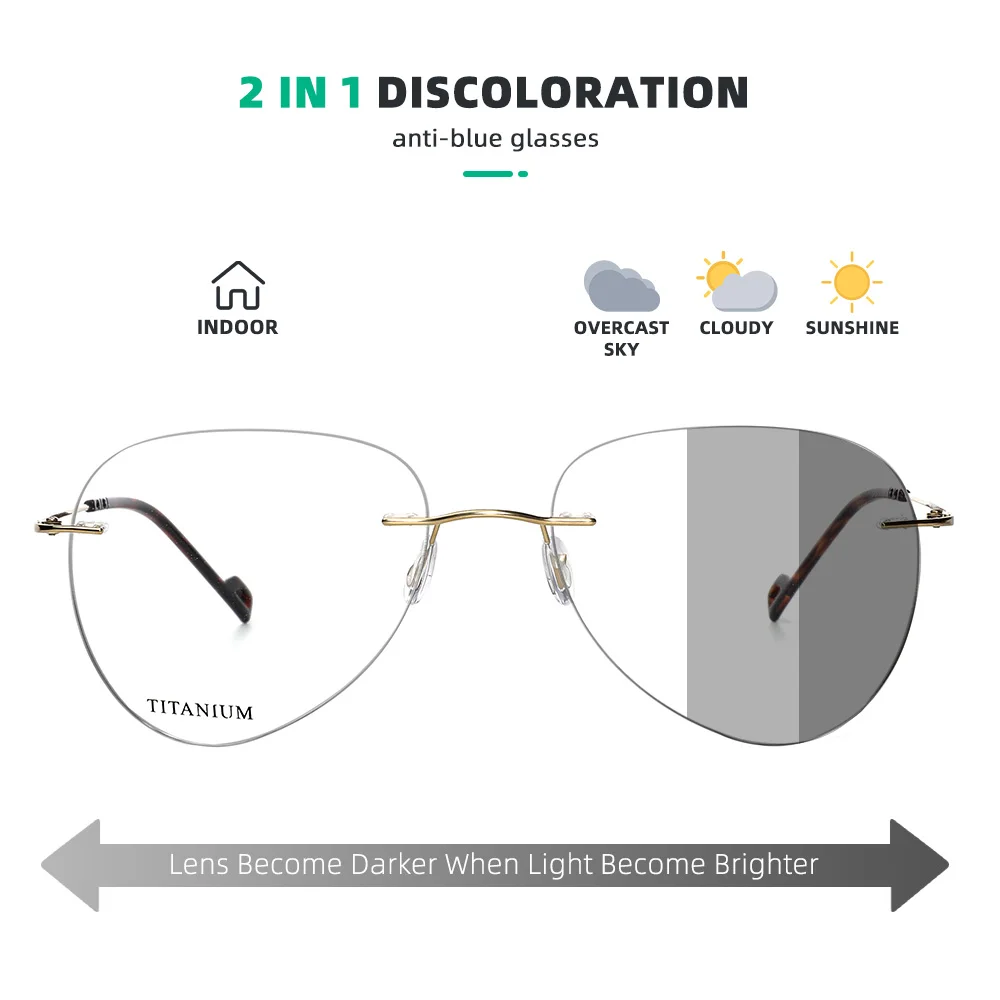 Photochormic Anti Blue Light Glasses Men Rimless Men's Eyeglasses Frame Fake Ophthalmological Frames Man Photochormic Sunglasses