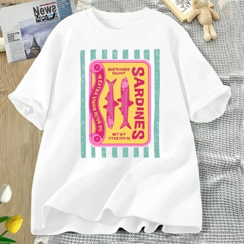 Camiseta gráfica de sardinas, camiseta Retro de comida, camiseta con estampado de pescado estañado, camiseta costera de verano, camiseta estética de pescador, ropa de mujer