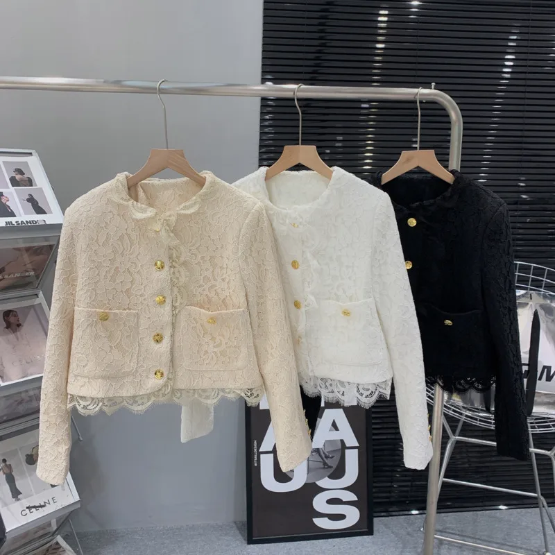 High-end Small Fragrant Style Elegant Ladies Lace Splice Single Breasted Short Coat 2023 Autumn New Streetwear Vintage Outwear