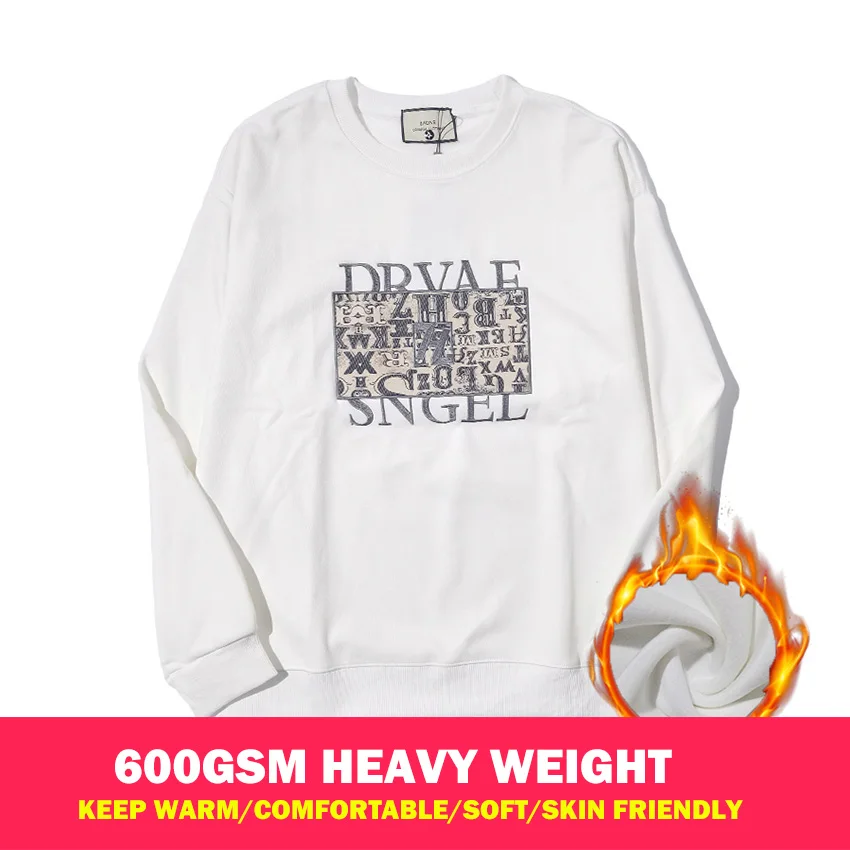 

Men's Sweatshirt 600GSM Heavy Weight Letter knitted pattern Round neck long sleeved fleece Men Casual Pullover Hoodies top