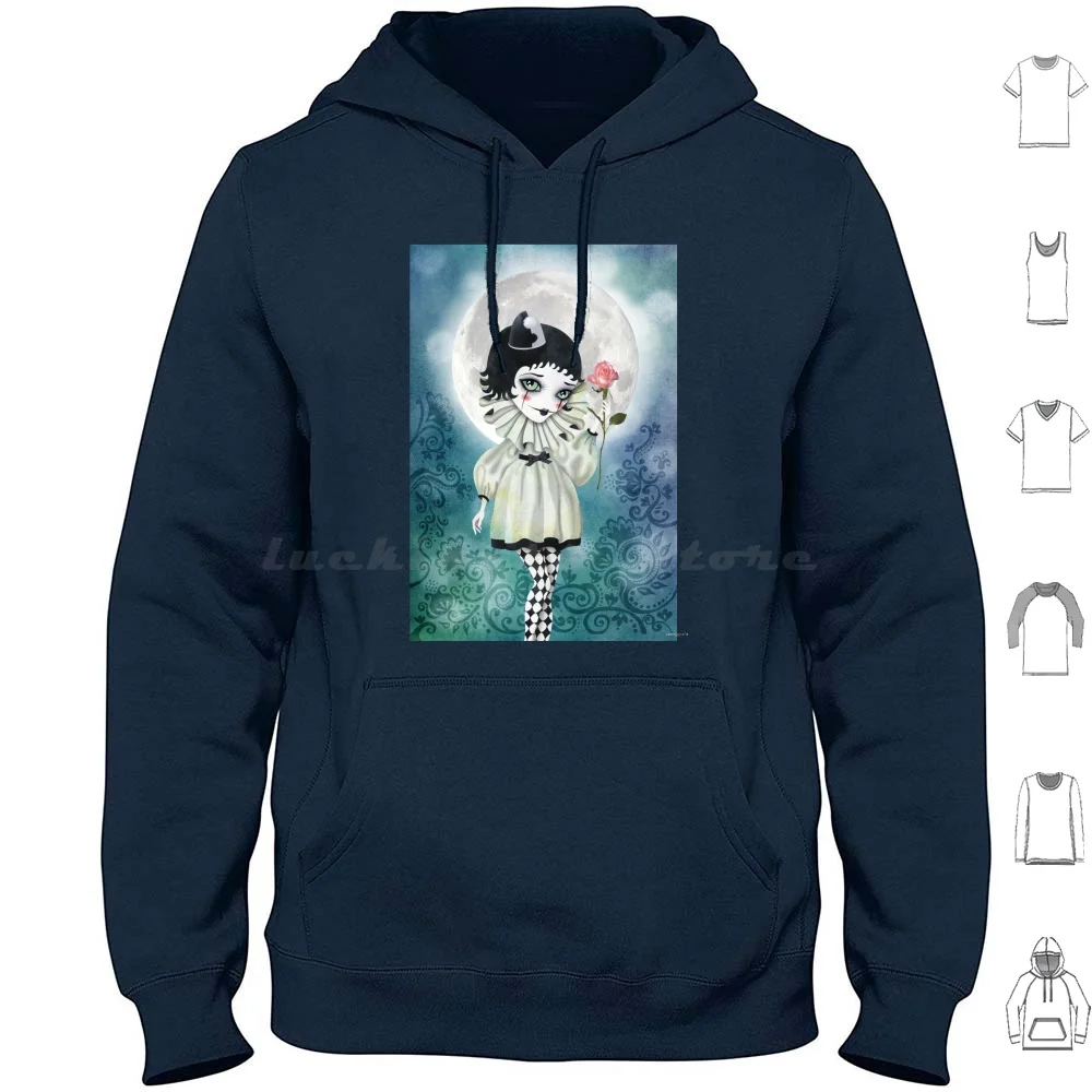 Pierrette Under The Icy Moon Hoodies Long Sleeve Clown Full Moon Carnival Pierrot Pink Rose Blue Dark Romantic