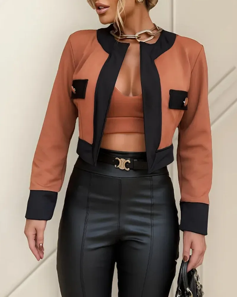 Spring Women 2 Pieces Outfit Colorblock Open Front Cropped Jacket with Spaghetti Strap Bandeau