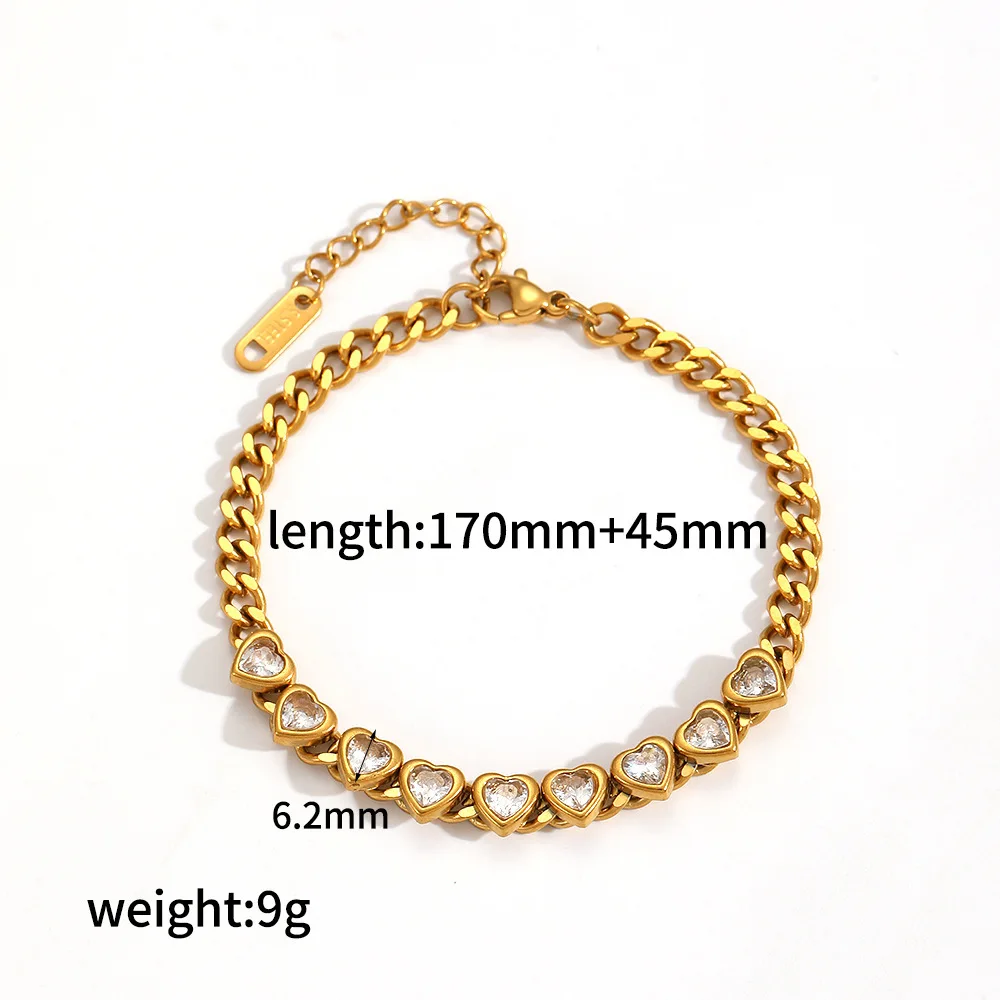 Luxury Shiny Heart Shape Cubic Zirconia Bracelet Stainless Steel Delicate Jewelry Waterproof Charm Chain Bracelet for Gift