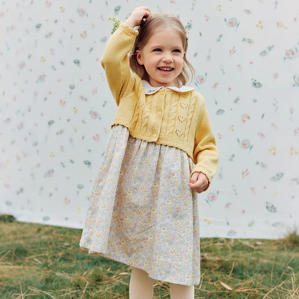 Dave Bella Dresses Cotton Spring Girls Autumn Elegant Children Dress Floral Charm Knee Length Sweet Princess Gathering DB3262902