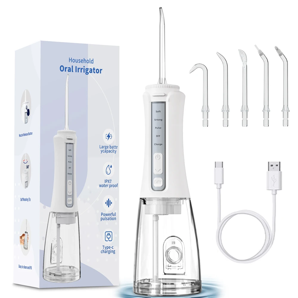 

Portable Oral Irrigator 4 Modes Teeth Cleaner Dental Water Flosser Rechargeable 300ml Tank Water Jet Floss Tooth Pick 5 Jet Tip