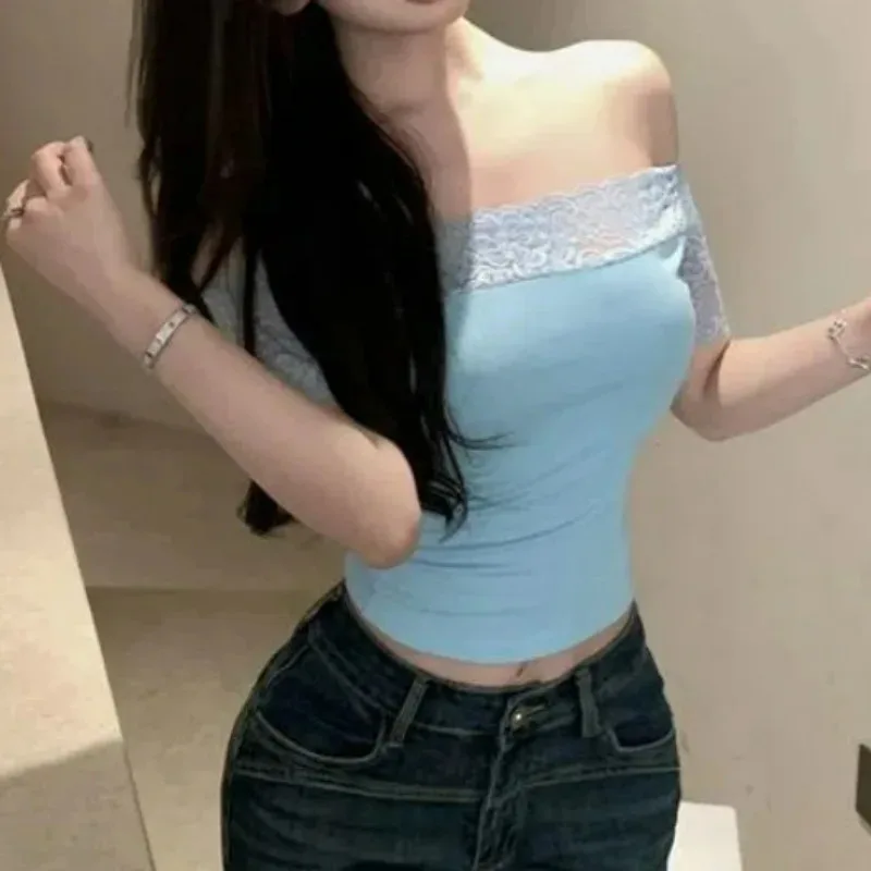 Women Clothing Summer Sexy Off Shoulder Lace Patchwork Skinny Crop Tops Y2K Female Casual Sweet Solid Short Sleeve Basic T Shirt