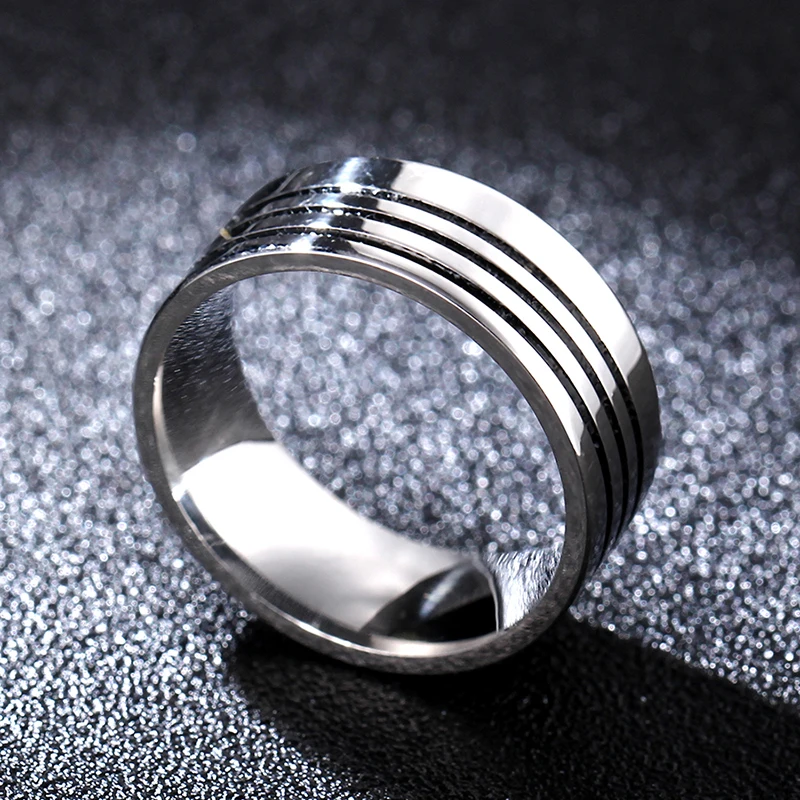 Viking Biker Vintage Jewelry 8mm Retro Stainless Steel Blackened Ring  Fashion Simple Groove Ring For Man And Women