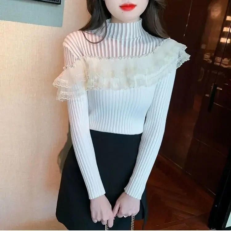 

Women Clothes Fit Leisure Elegant Beaded Long Sleeved Knitting Shirts 2025 Autumn Winter Ruffles Edge Solid Color Turtleneck