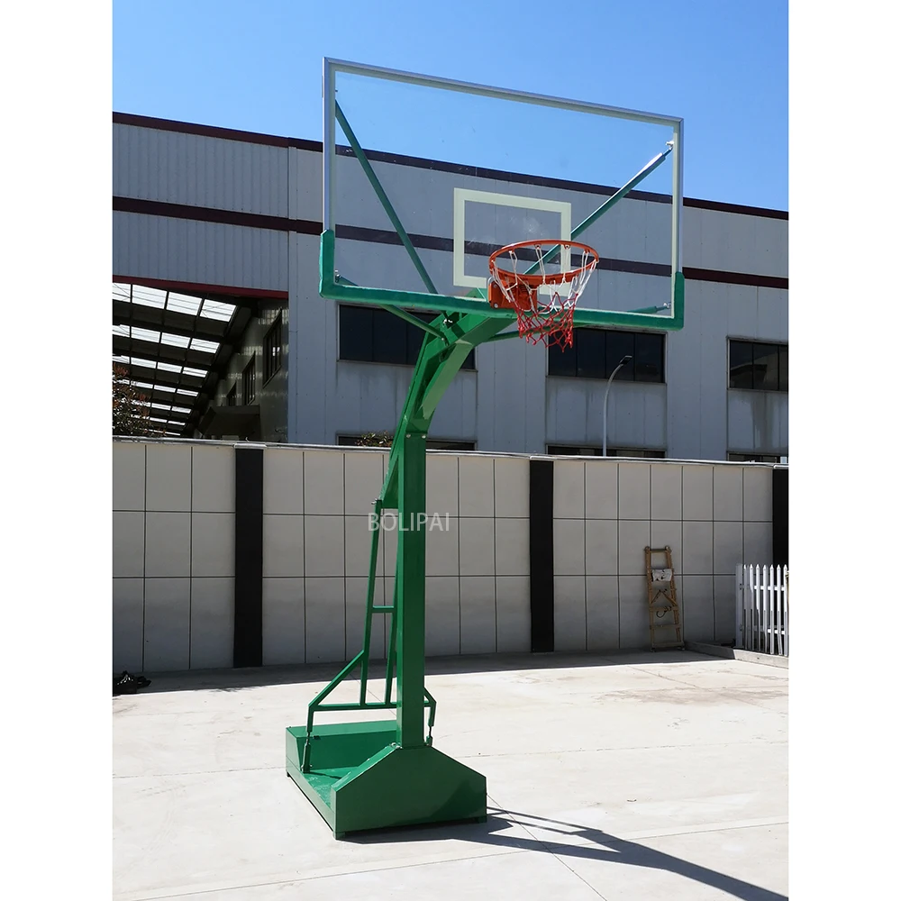 แป้นบาสเก็ตบอลแบบปรับได้สำหรับใช้งานกลางแจ้ง โครงโลหะแข็งแรง ขอบแป้นทำจากกระจกนิรภัย ราคาโรงงานถูก พร้อมคุณสมบัติเคลื่อนย้ายได้